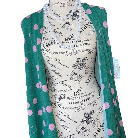 LuLaRoe Small Joy Vest • Forest Green With Rose Polka Dots • Long Sweater Vest - Picture 2 of 12
